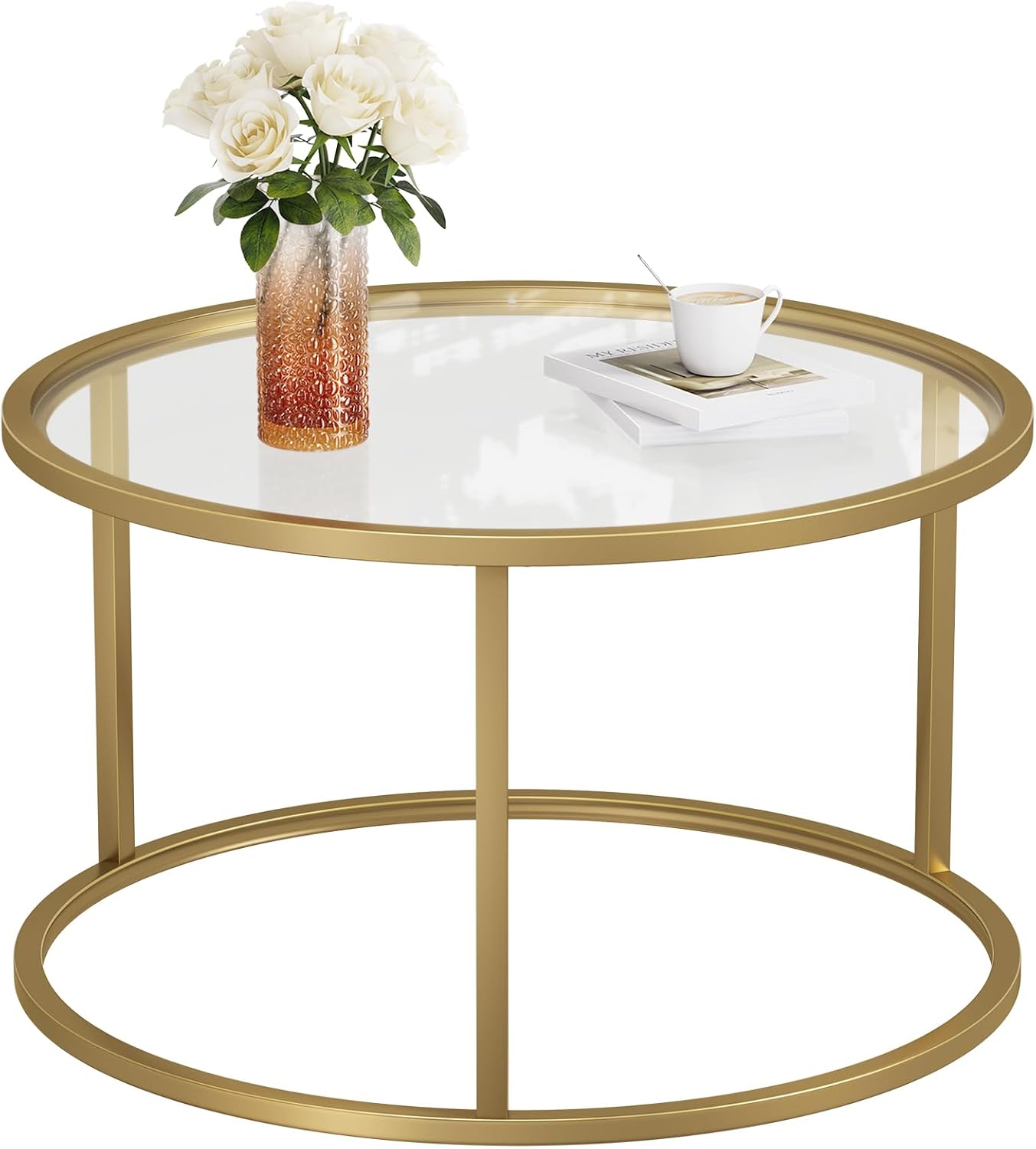 61AXl2of2dL._AC_SL1500_.jpg Small Glass Coffee Table Round Gold Coffee Table for Small Space Modern Simple Center Table with Gold Frame for Living Room Home Office, Easy Assembly - Image 1