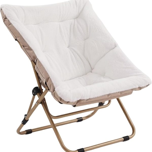 Comfy Folded Chair, Soft Faux Fur Oversized Folding , Lounge Lazy Chair for Kids Teens Adults, Metal Frame Moon Chair for Bedroom, Living Room, Dorm Rooms
