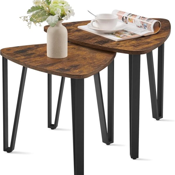 Nesting Coffee Tables, End Tables Set of 2 for Living Room Bedroom, Industrial Small Stacking Side Tables with Metal Frame for Couch, Rustic Brown and Black