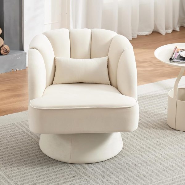 Modern Swivel Barrel , 360 Degree Velvet Upholstered Armchair with Striped Backrest & Plush Padding, Comfy Round Lounge Chair for Living Room, Bedroom, Reading Nook, Beige