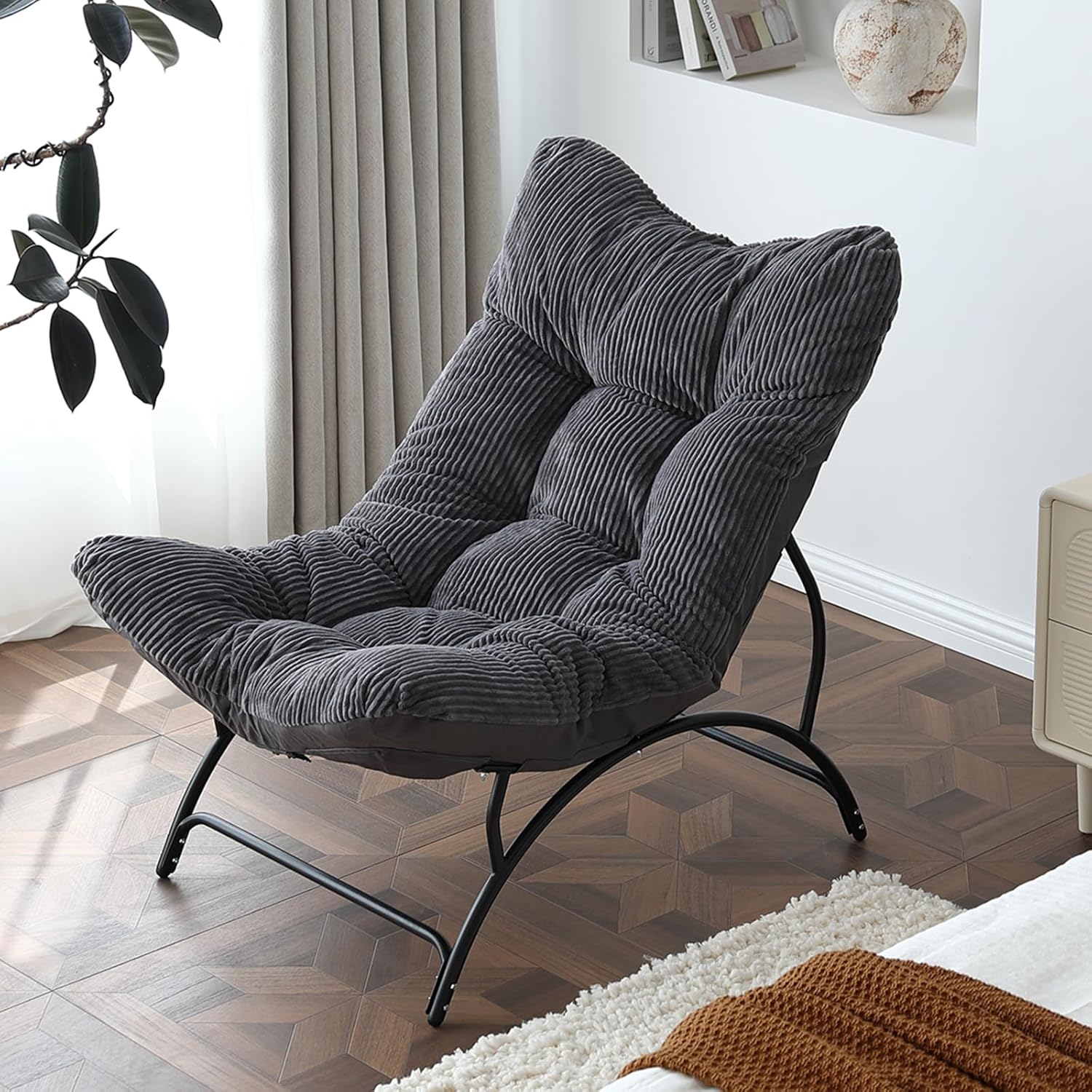 81bVxahV4hL._AC_SL1500_.jpg Lazy Chair, Comfy Soft Leisure Metal Frame Reading Chair, Upholstered Thick Cushion Seated Recliner Sofa for Living Room, Bedroom, Dorm, Dark Grey - Image 1