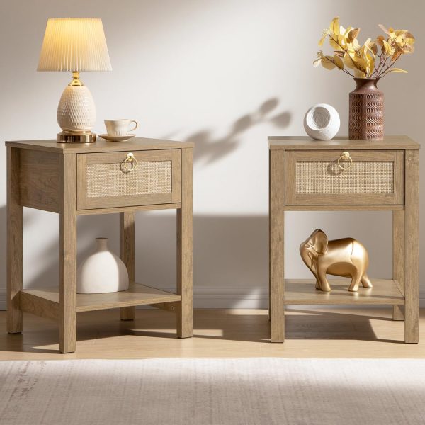 Nightstand Set of 2 - Rattan Decor Drawer with Brass Knobs Night Stand Bedside Table Boho End Tables Side Tables with Storage Shelf for Bedroom, Small Space
