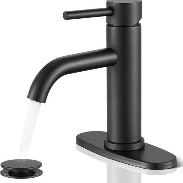 Black Bathroom Faucet,  Single Hole Bathroom Faucet with Pop-up Drain and Flexible Hoses, Single Handle Faucet for Bathroom Sink, Vanity, RV, Modern Farmhouse, Suitable for 1 Hole or 3 Hole