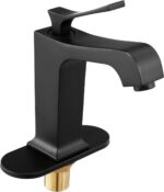Single Handle Sink Faucet, Matte Black Finish Faucet Kitchen Sink, Kitchen Water Faucets with Push-Button Drain, Suitable for Bathroom, RV, Bar Sink, Public Restroom, Waterfall-Style Spout