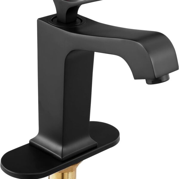 Single Handle Sink Faucet, Matte Black Finish Faucet Kitchen Sink, Kitchen Water Faucets with Push-Button Drain, Suitable for Bathroom, RV, Bar Sink, Public Restroom, Waterfall-Style Spout