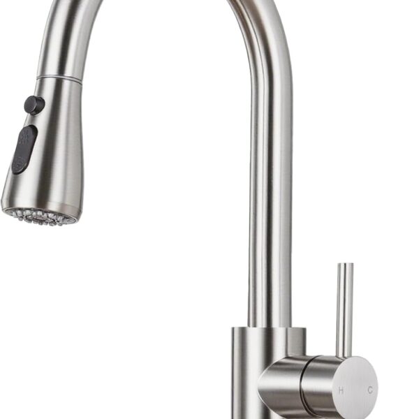 Kitchen Faucet with Pull Down Sprayer - Brushed Nickel Single Handle Kitchen Faucets, High Arc Stainless Steel Pull Out Kitchen Sink Faucet with Deck for RV Laundry Farmhouse Bar
