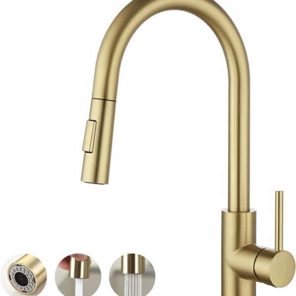 Gold Kitchen Faucet with Pull Down Sprayer, High Arc Stainless Steel Material, with  Ceramic Cartridge,Without Deck Plate,Fit for 1 Hole Kitchen Sink or Laundry Sink,Brushed Gold,