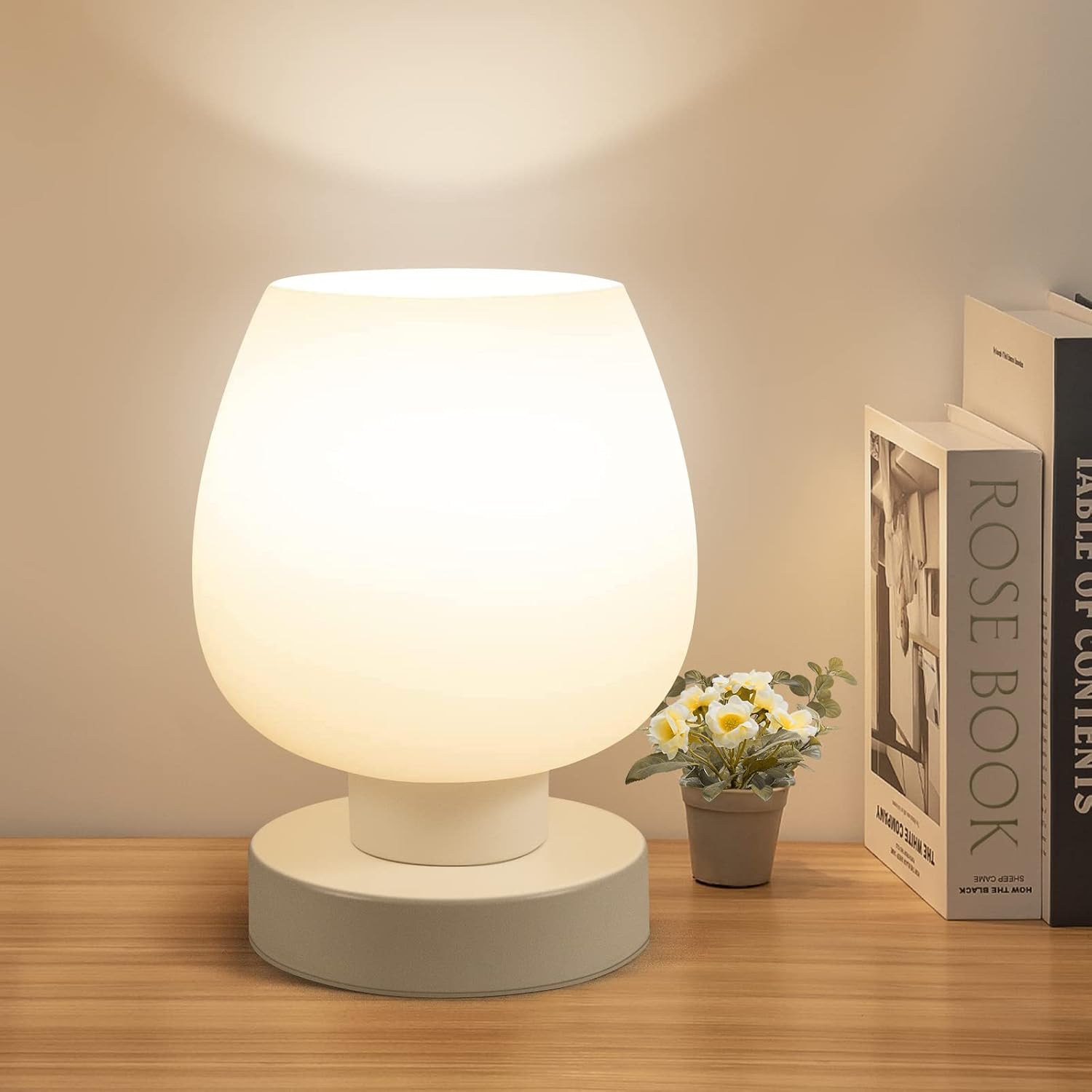 610HXT47T3L._AC_SL1500_.jpg Touch Bedside Table Lamp - Modern Small Lamp for Bedroom Living Room Nightstand, Desk lamp with White Opal Glass Lamp Shade, Warm LED Bulb, 3 Way Dimmable, Simple Design Mother's Day Gifts - Image 1
