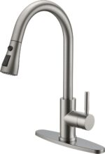 Kitchen Faucet with Pull Down Sprayer Brushed Nickel, High Arc Single Handle Single Level Stainless Steel Pull Out Sink Faucet for  RV Bar, Fit for 1 or 3 Hole