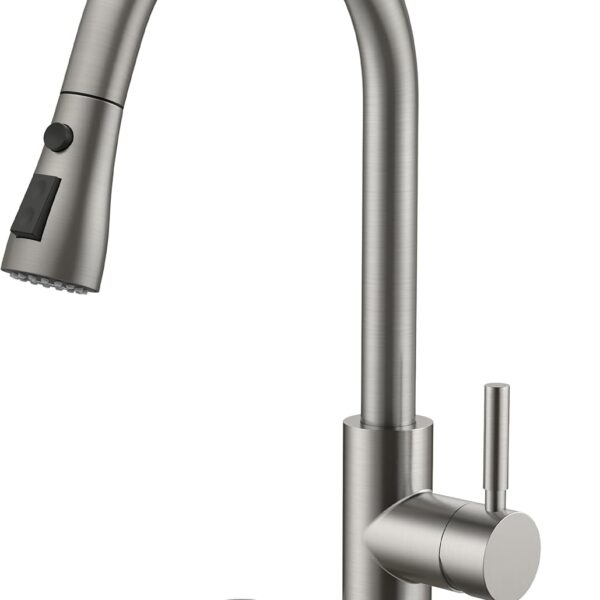 Kitchen Faucet with Pull Down Sprayer Brushed Nickel, High Arc Single Handle Single Level Stainless Steel Pull Out Sink Faucet for  RV Bar, Fit for 1 or 3 Hole
