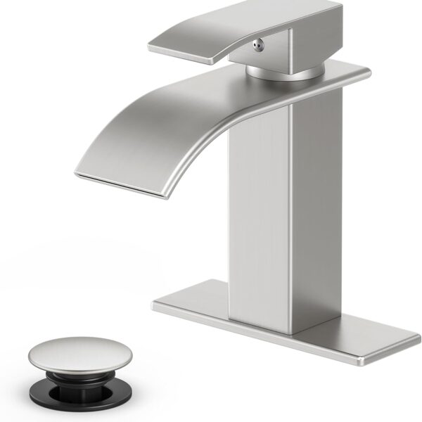 Bathroom Faucet Brushed Nickel Modern Waterfall Bathroom Sink Faucet with Single Handle Suitable for 1 or 3 Holes,Supply Deck Plate and Hose