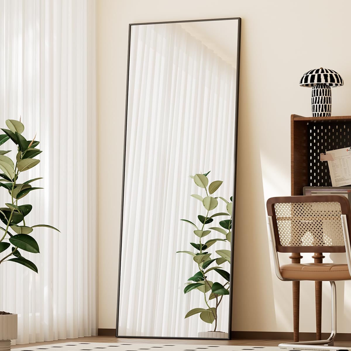 61pdRg5zIL._AC_SL1200_.jpg Full Length Mirror with Stand, 56"x21" Floor Mirror with Aluminum Alloy Thin Frame, Tempered Full Body Mirror, Free Standing or Wall-Mounted Mirror for Living Room, Black - Image 1