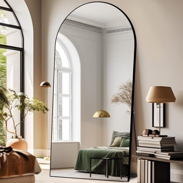 76"x34" Arched Full Length Mirror Large Mirror with Stand Aluminum Alloy Frame Floor Mirror for Living Room, Bedroom Hanging Standing or Leaning Wall-Mounted, Black