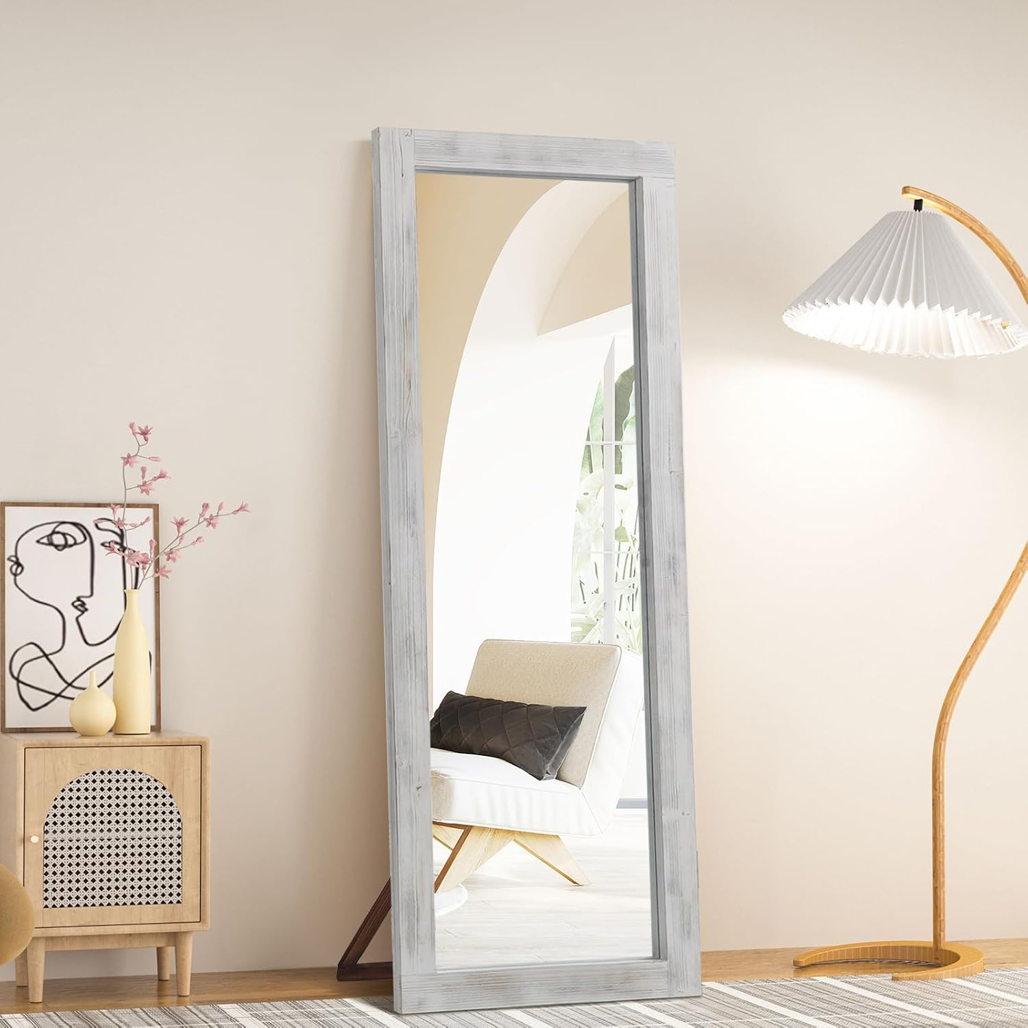 714xjNJB2L._AC_SL1500_.jpg Rustic Farmhouse Full Length Mirror, 64"x21" Wood Frame Floor Mirror, Free Standing Mirror Leaning Wall Mirror Full Length, Full Body Mirror for Bedroom Living Room Cloakroom, Weathered White - Image 1