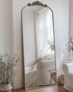 Arched Full Length Mirror, 58"x18" Floor Mirror Freestanding with Carved Metal Frame & Bottom Art Carved, Full Body Mirror for HomeDecor, Standing/Halling Large Wall Mirror for Bedroom, Bronze