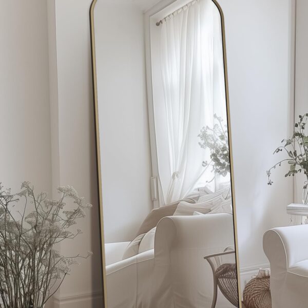 Arched Full Length Mirror, 58"x18" Floor Mirror Freestanding with Carved Metal Frame & Bottom Art Carved, Full Body Mirror for HomeDecor, Standing/Halling Large Wall Mirror for Bedroom, Bronze