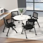 Foldable Office Chair with PU Wheels and Smooth Armrest-Ergonomic Mesh Bouncing Back, Stackable Conference Room Chair, Office Guest & Reception & Meeting Chair (Black) - Image 2