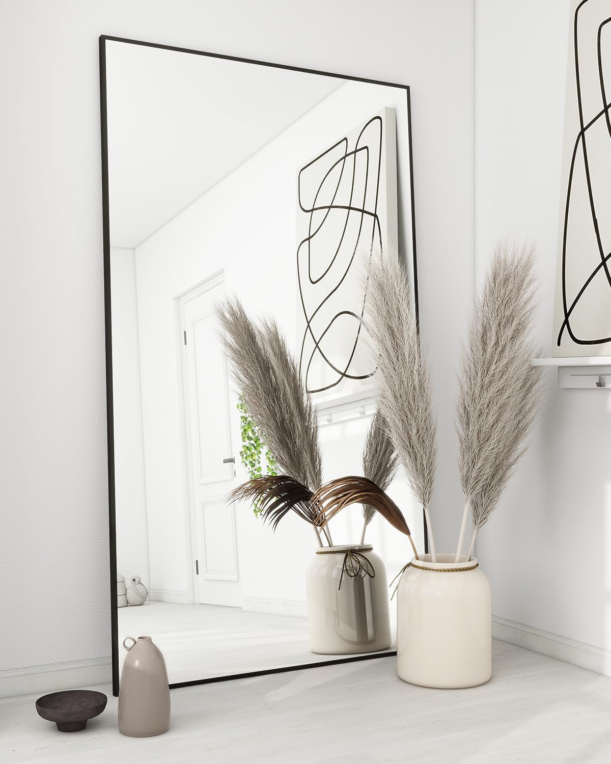 71WRKXH2U6L._AC_SL1500_.jpg 71"x31" Floor Mirror Full Length, Bedroom Floor Body Mirror with Stand, Large Black Mirror, Leaning, Standing or Hanging Horizontally/Vertically - Image 1