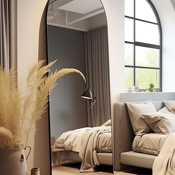 Floor Mirror, Full Length Mirror, Arched Mirror, Standing Mirror, Tall Mirror, Wall Mounted, FreeStanding, Large Mirror, 58"×18", Aluminum Frame -Black