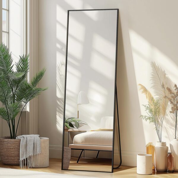 Wall Mirror Full Length Mirror,Standing Mirror Full Body,Large Floor Mirror for Wall Door Bedroom Bathroom Living Room with Aluminium Frame(with Stand,56x15-Black)