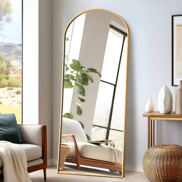 Arched Full Length Mirror, 64"x24" Aluminum Alloy Frame Full Body Mirror with Stand, Gold - Free Standing, Leaning Against Wall or Wall-Mounted, for Bedroom Living Room Dressing Room