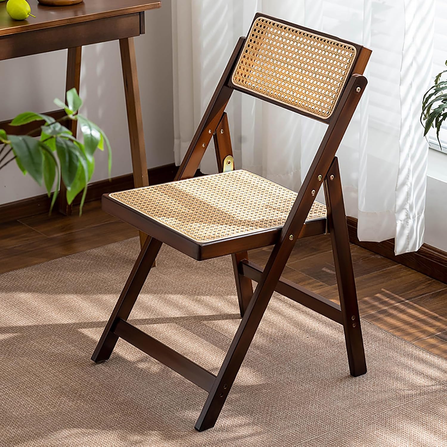 81PdkWchIhL._AC_SL1500_.jpg Wooden Rattan Folding Chairs Portable Save Space Kitchen Dining Chair for Balcony Living Room, with Mesh Elastic Seat and Curved Back, 400LBS,1 Pack - Image 1
